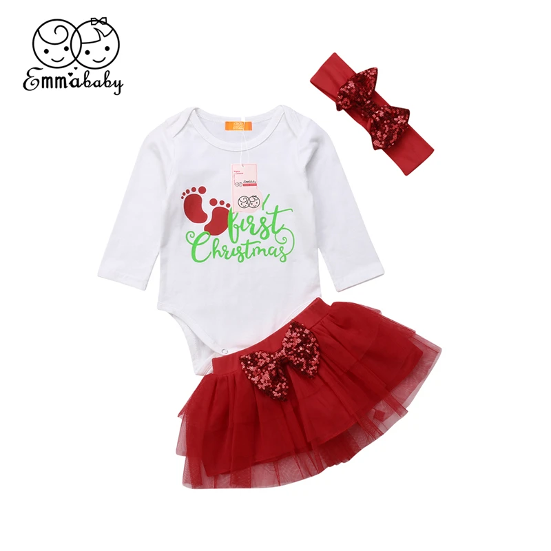 Newborn Baby Girl Clothes Set 3Pcs Kid Party My First Christmas Cotton Bodysuit Sequin Bowknot Tulle Tutu Skirt Headband Outfit Newborn Baby Girl Clothes Set 3Pcs Kid Party My First Christmas Cotton Bodysuit Sequin Bowknot Tulle Tutu Skirt Headband Outfit