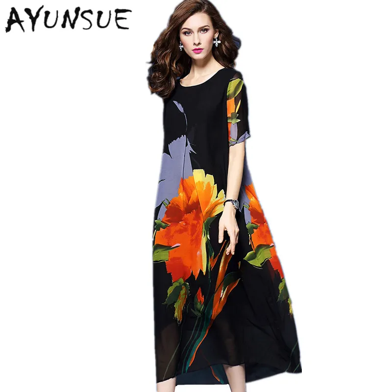 

AYUNSUE Women Summer Dress 2019 Floral Chiffon Silk Beach Dress Elegant Vestidos Mujer Maxi Dresses Long Robe Femme Boho FYY401