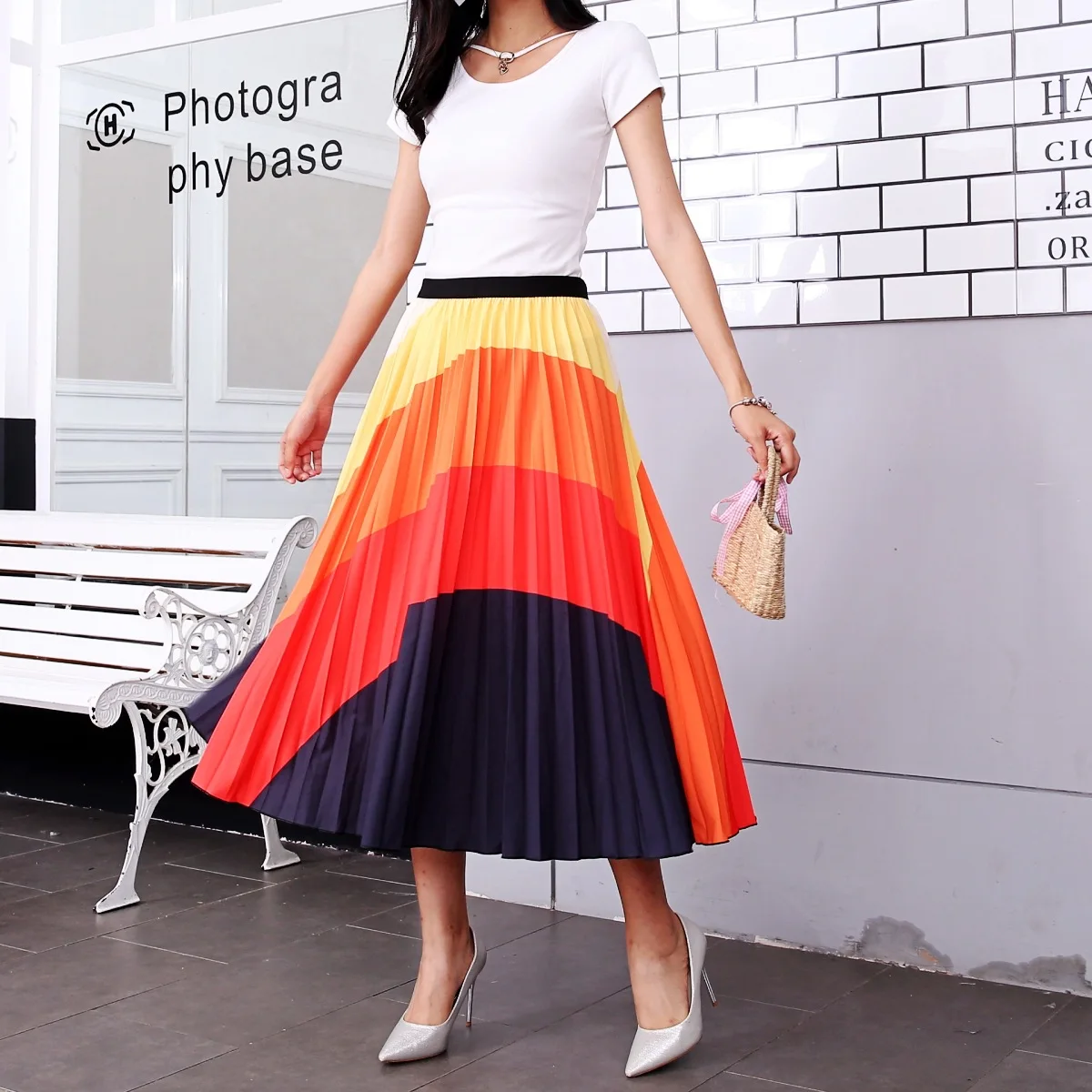 

Spring Summer Women Skirts Cartoon Printing Midi Pleated Skirt Floral High Elasticity Jupe Femme Green Skirts Plus Size