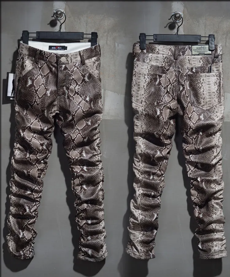 grey brown Модные мужские облегающие кожаные брюки из искусственной кожи питона со змеиным принтом, мужские брюки из искусственной кожи высокого качества - Цвет: grey brown