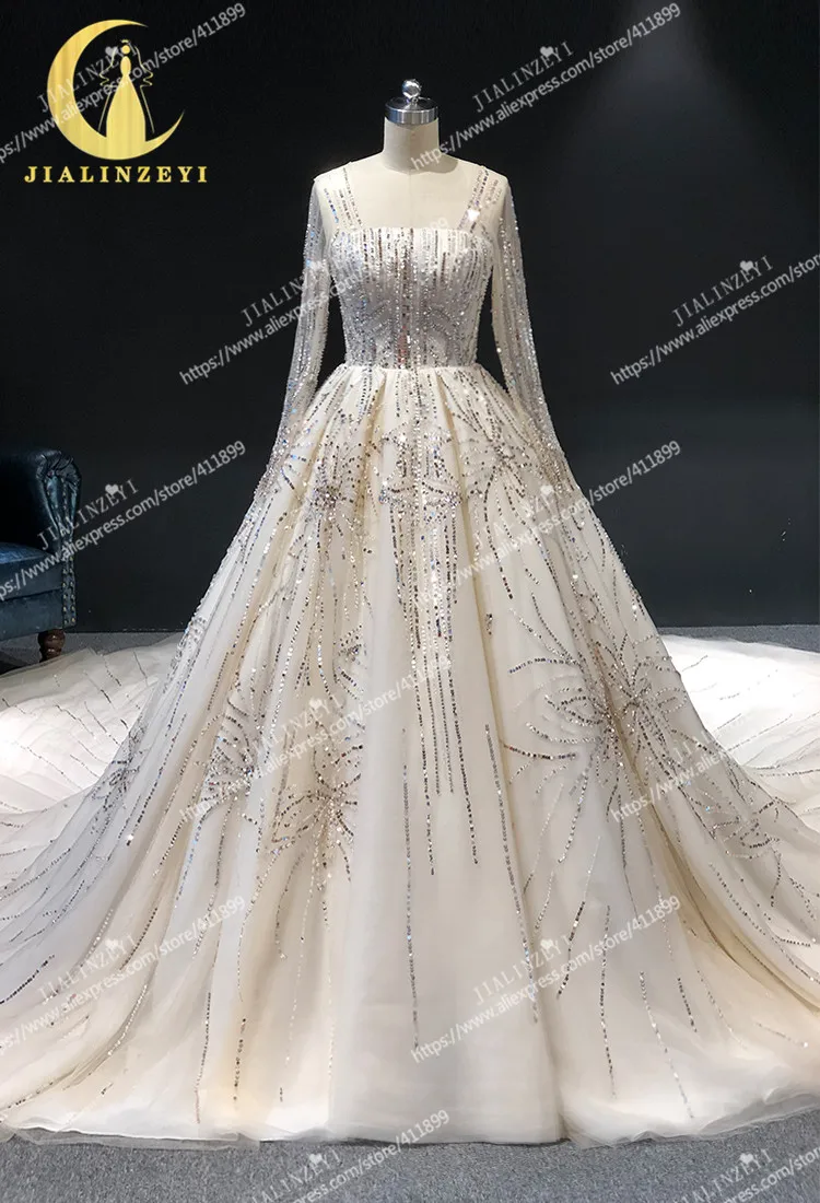 JIALINZEYI реальное изображение роскошный одежда с длинным рукавом высокое качество длинный шлейф Кристалл бусины свадебные платья свадебное платье