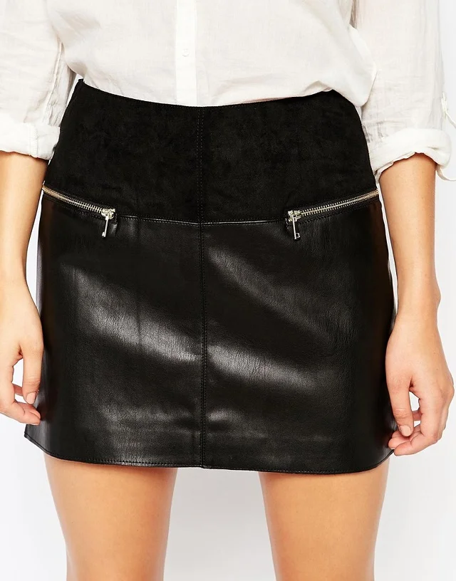 Women PU Leather Skirt Suede PU Patchwork Black Skirt Zipper High Waist