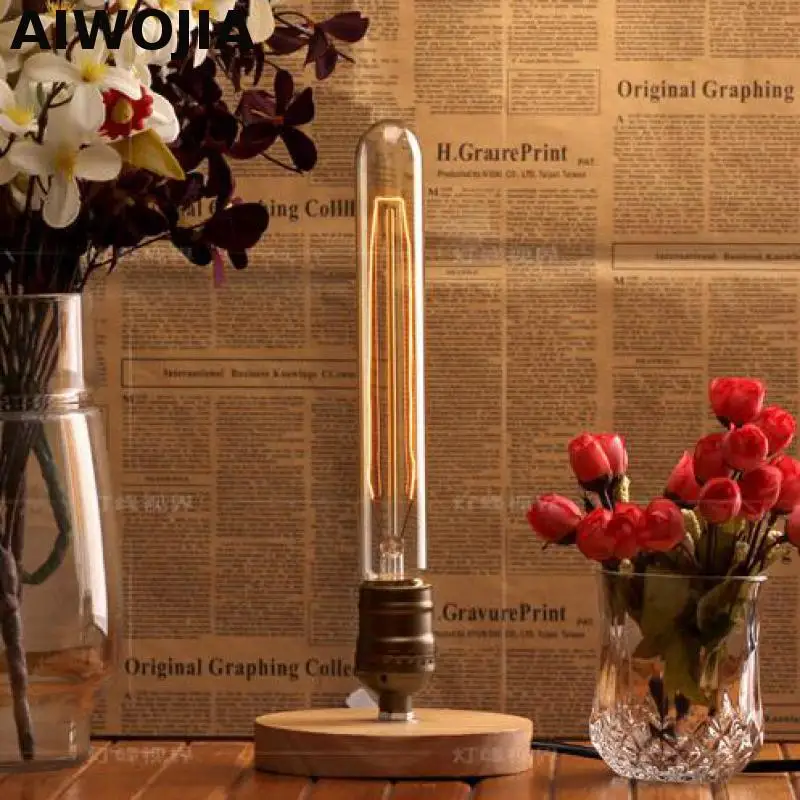 

E27 Industrial Vintage Edison Wooden Base Socket Desk Light+ light bulb Table Reading Lamp Tiffanylampe Table Lamps