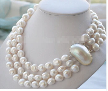 

3ROW 15mm BAROQUE WHITE FRESHWATER PEARL NECKLACE MABE>>>Lovely Women's Wedding Jewelry Pretty