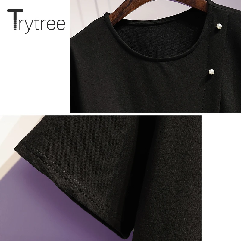 Trytree летнее женское Повседневное платье с круглым вырезом жемчужное черное лоскутное белое плиссированное платье-футболка длиной до колена модное свободное платье