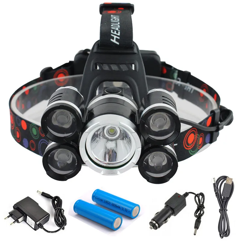 CREE 5 LED XML T6 Headlight 15000Lumens Headlamp Rechargeab Head Lamp Fishing Light Outdoor Lighting Battery