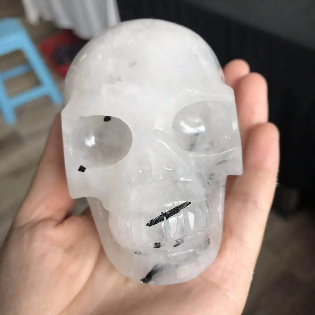

3.2" Black Tourmaline Quartz Crystal Reiki Skull Head Natural Stones For Healing 0.49kg Free Shipping JM
