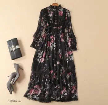 

European style 2019 New arrivals summer Spring fashion women clothes temperament patchwork printing vintage dress T3206