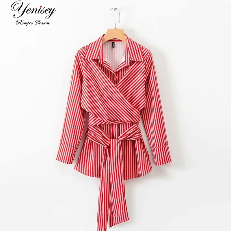 

XD55-1426 European and American fashion wind striped frenulum waist shirt