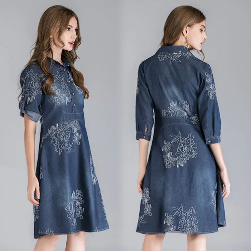 Spring Autumn Embroidery Floral Vintage Denim Dress Women Plus Size 5xl Slim Jeans Casual Dress Female Elegant Party Dresses Spring Autumn Embroidery Floral Vintage Denim Dress Women Plus Size 5xl Slim Jeans Casual Dress Female Elegant Party Dresses