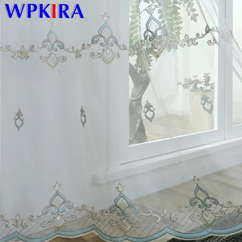 

European Blue Embroiderd Grid Lace Side Sheer Voile Curtain For Living room Window Treatment Bedroom Kitchen Blind Organza M45D3