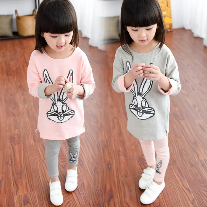 Children Spring autumn cute Rabbit cartoon pattern cotton models girls bunny sequined long section bottoming shirt sleeves | Детская