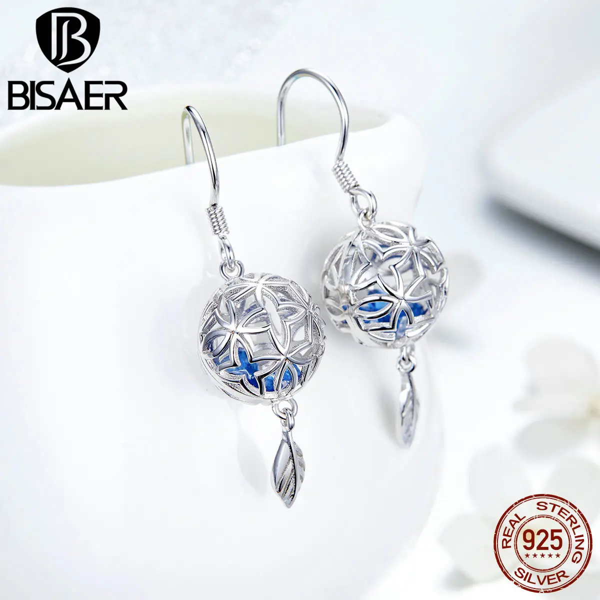 

BISAER 925 Sterling Silver Round Openwork Blue Cubic Zirconia Drop Dangle Earrings for Women Leaf Earing 2019 Brincos GXE573