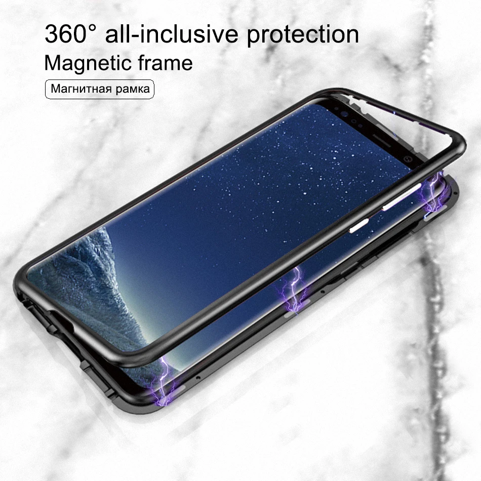 

Magnetic Metal Case For Galaxy S 10 9 8 Plus 7 7edge NOTE 9 8 360 Magnet Adsorption Clear Tempered Glass Phone Back Cover Fundas