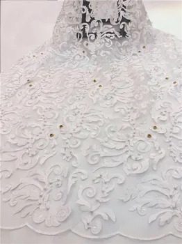 

Pure white handcut french lace African tulle lace fabric with big stones 2019 high quality 5 yards for wedding party dress F2