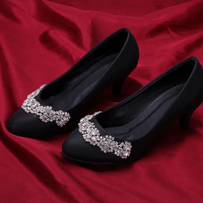 Gorgeous Fashion Lady Night Party Shoes 5cm Heels Women Dress Shoes Black Color Rhinestone Almond Toe Bridal Wedding Shoes