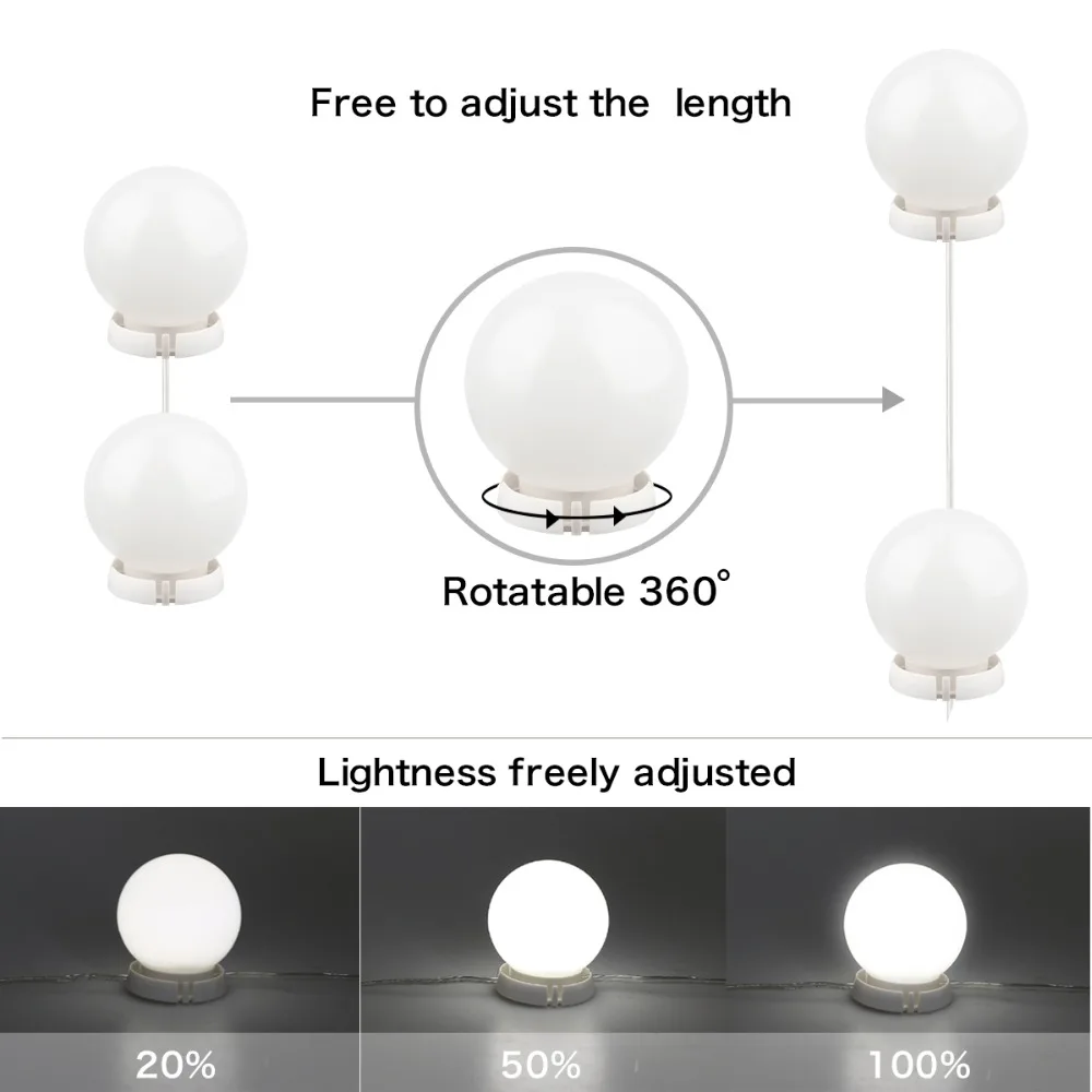 Vanity 360 Degree Makeup Mirror Light USB Powered LED Bulbs For Dressing Table with Dimmer Hollywood Bulb Linkable 16DA