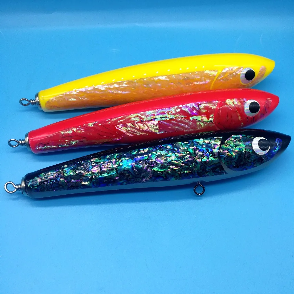 

HOOFISH 1PCS Topwater Wooden Stick bait GT Surface Trolling Lures 120G/22CM 3colors Deep Sea Handmade Fishing Lure