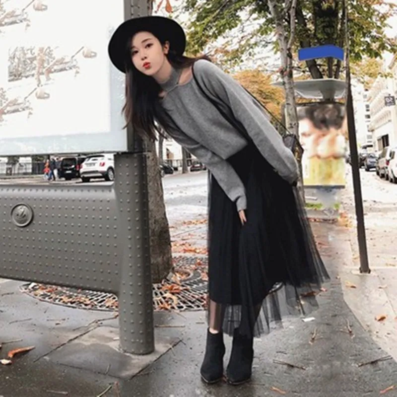 

modis Woman's sets Autumn Winter 2019 Korean Sexy Hanging neck sweater women +Mesh lace skirt 2 Two-piece set women skirt set