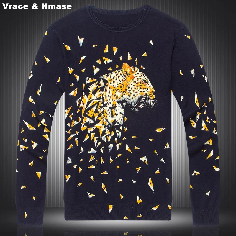 

Chinese style diamonds leopard splicing printing boutique knitted sweater 2016 Autumn&Winter fashion high-end sweater men M-XXXL