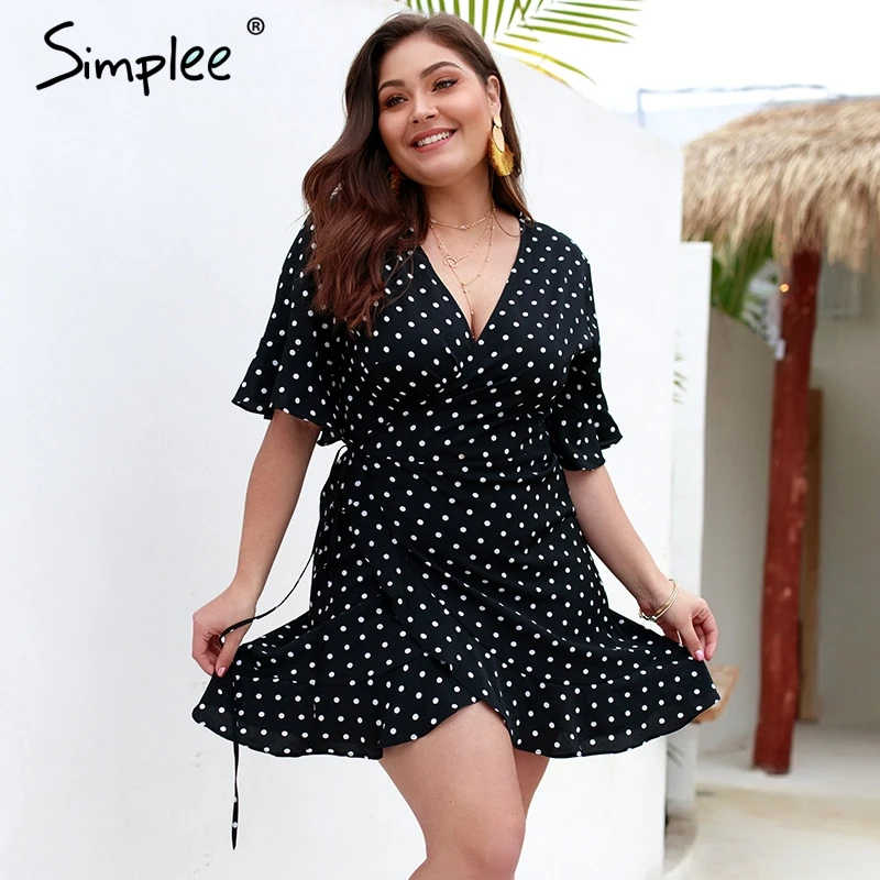 

Simplee Sexy polka dots ruffle women dress plus size Summer v neck sashes robe dresses Elegant flare sleeve female vestidos 2019