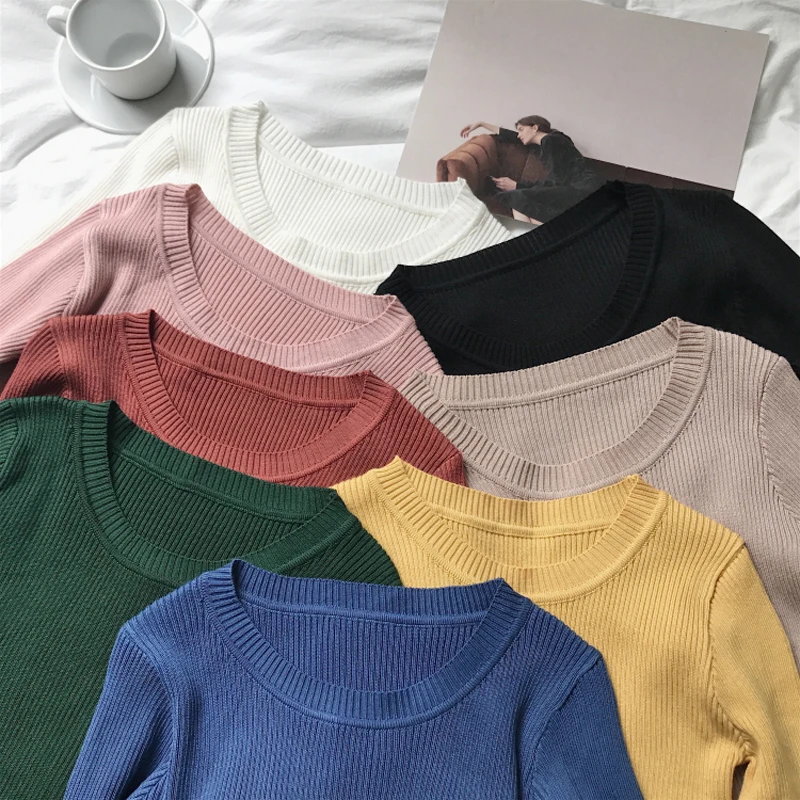 

Knitted Women Sweaters And 2019 Autumn Winter Pullovers Tops Female Knitted Sweaters Casual Fashion Slim O-Neck Solid Sweater