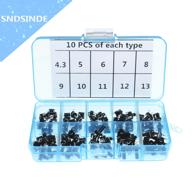 

10 models 100pcs 6*6 Tact Switch Tactile Push Button Switch Kit, Height: 4.3MM~13MM DIP 4P micro switch 6x6 Key switch