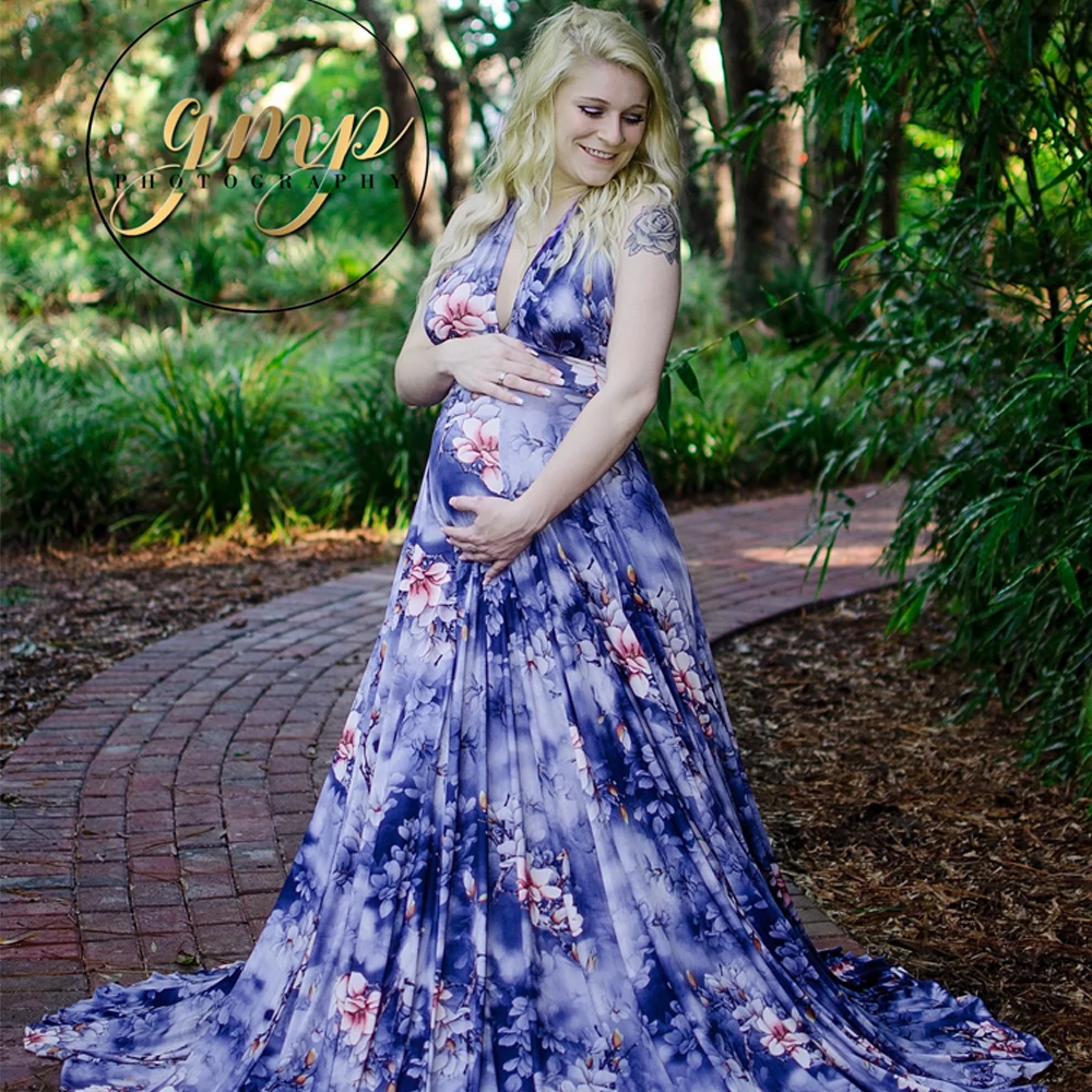 D&J New V-neck Blue Floral Print Casual Dress OR Maternity Photography Prop Dresses Pregnancy Cloth Maxi Dress Fotografia Robe