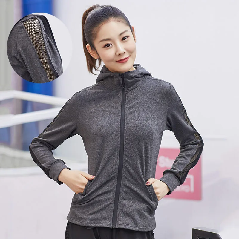 Women Hooded Zipper Tops Fitness Coats Long Sleeves Mesh Patchwork