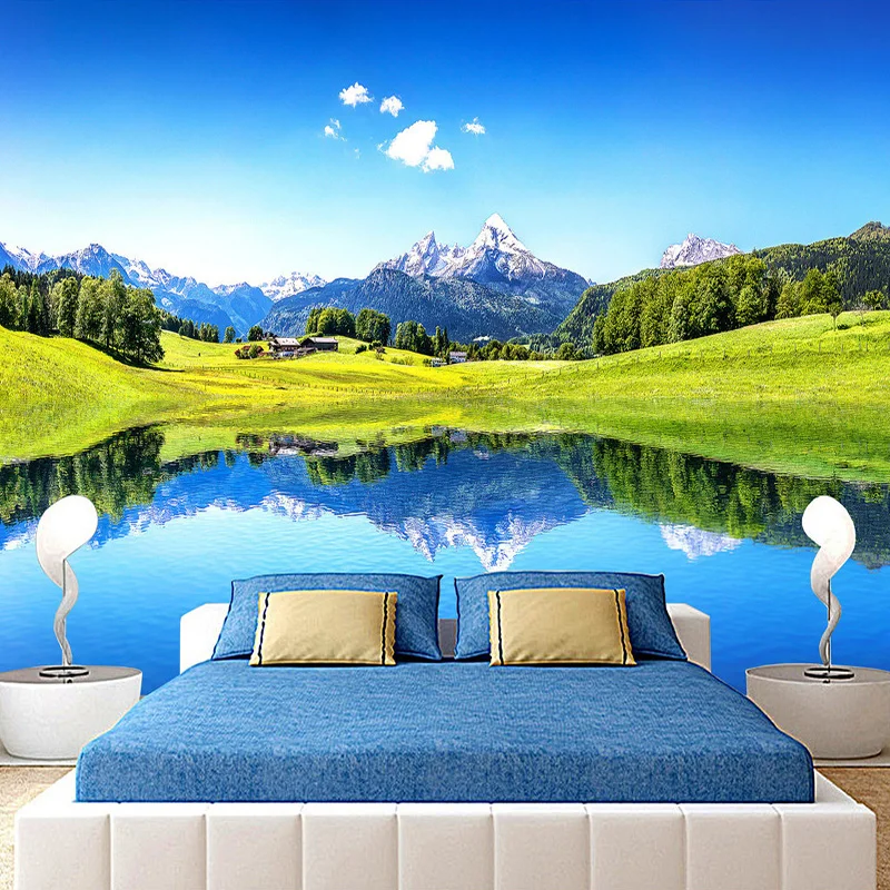 Mural 3D de pared Paisaje de Lago Azul con montañas nevadas MURALES 3D DE PARED Naturaleza