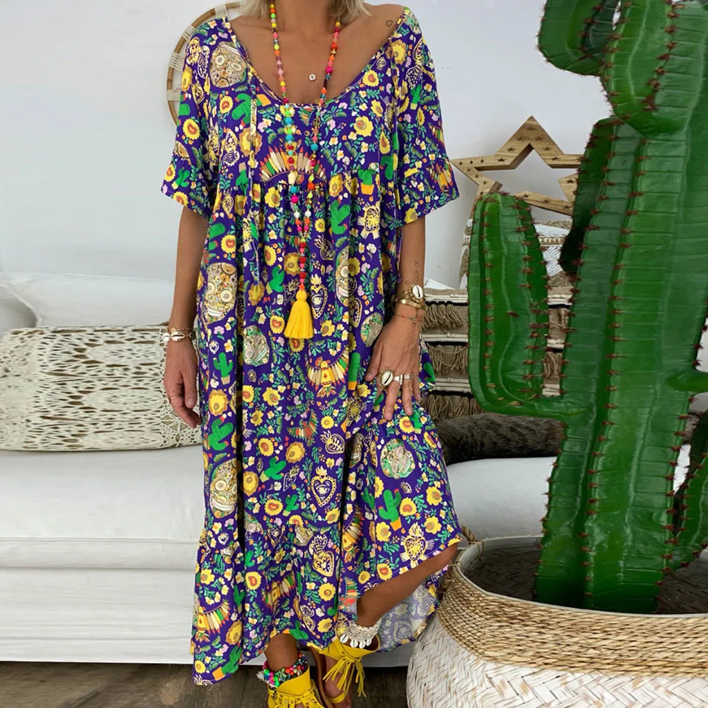 

Loose Casual Dress Women Summer 2019 New Floral Maxi Beach Dress Plus Size Ladies Long Sleeve Short Cotton Dress For Women 3XL