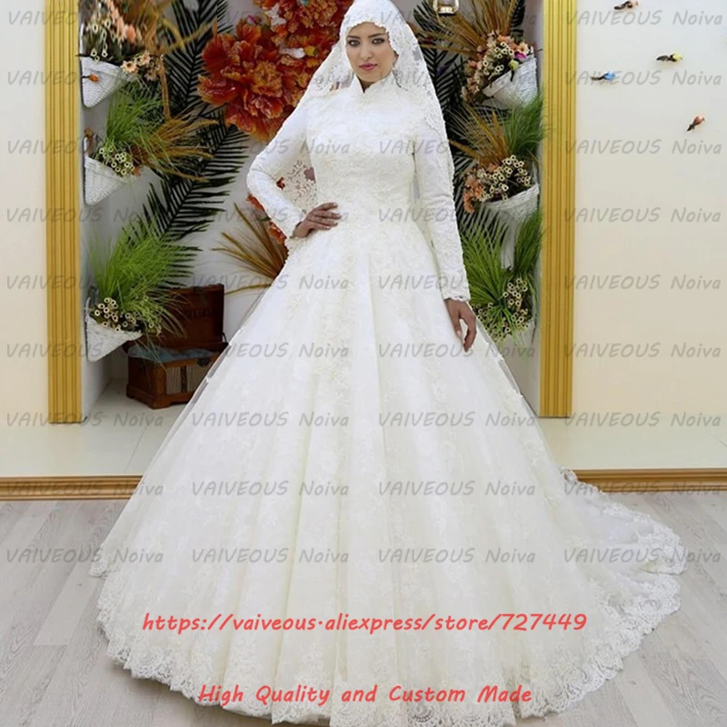 

Arabic Bridal Gown Islamic Hijab Wedding Dresses Arab Luxury Lace Beaded Long Sleeve Muslim Wedding Dress 2019 Robe de Mariee