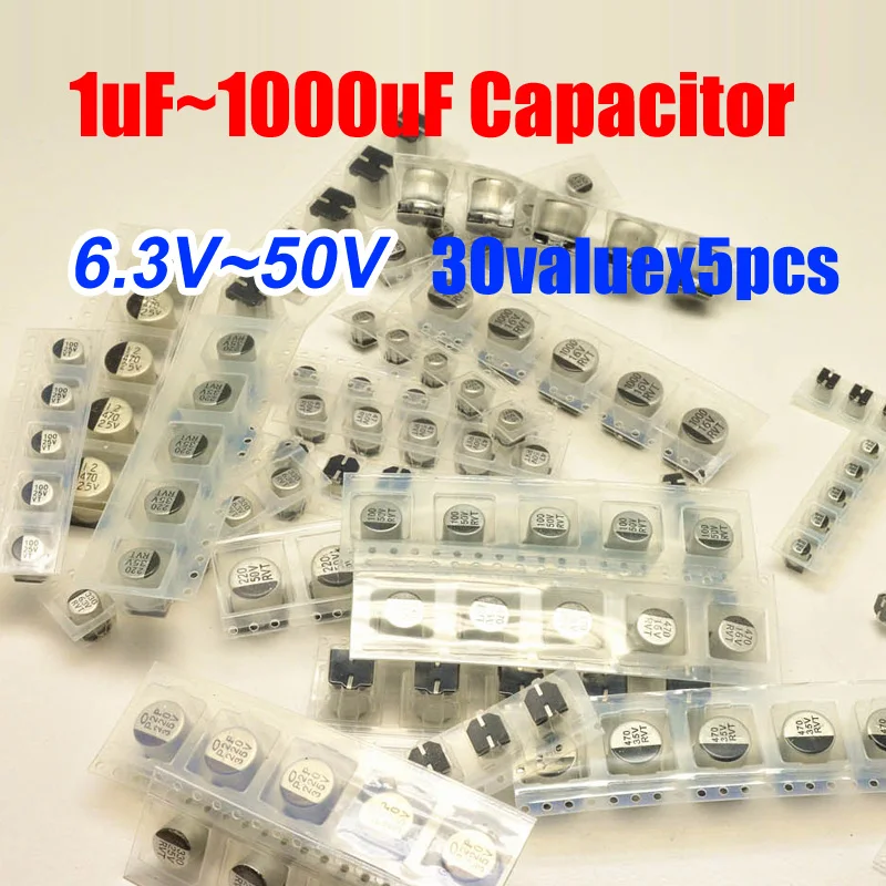 30valuesX5pcs=150pcs SMD 1uF~1000uF Aluminum Electrolytic