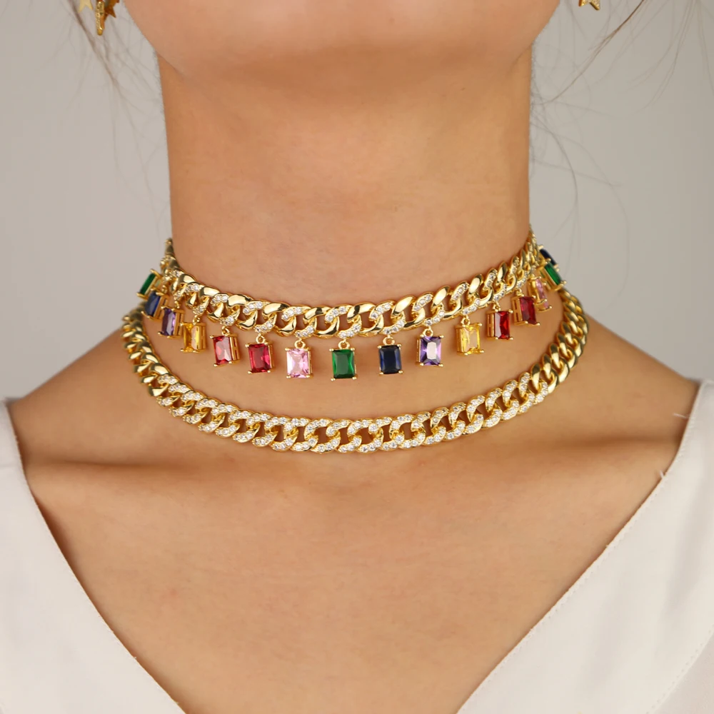 

Women 38cm Gold filled micro pave cz hip hop bling miami cuban link chain necklace for lady iced out wedding jewelry