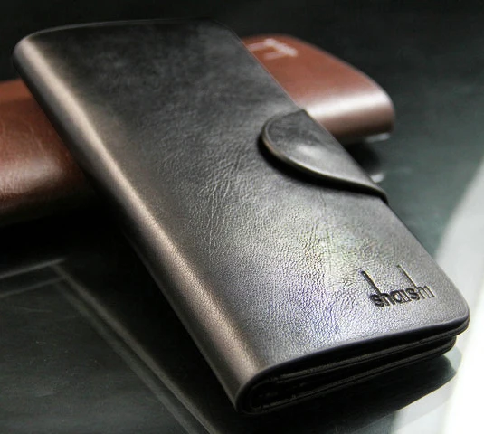 

Hot New Brand Design button Fashion black high quality PU leather men wallets long casual brown purse Money Clip