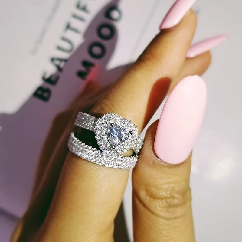 original 925 sterling silver heart cut zircon wedding ring set for women bride engagement Jewelry Band eternity nigeria R4864