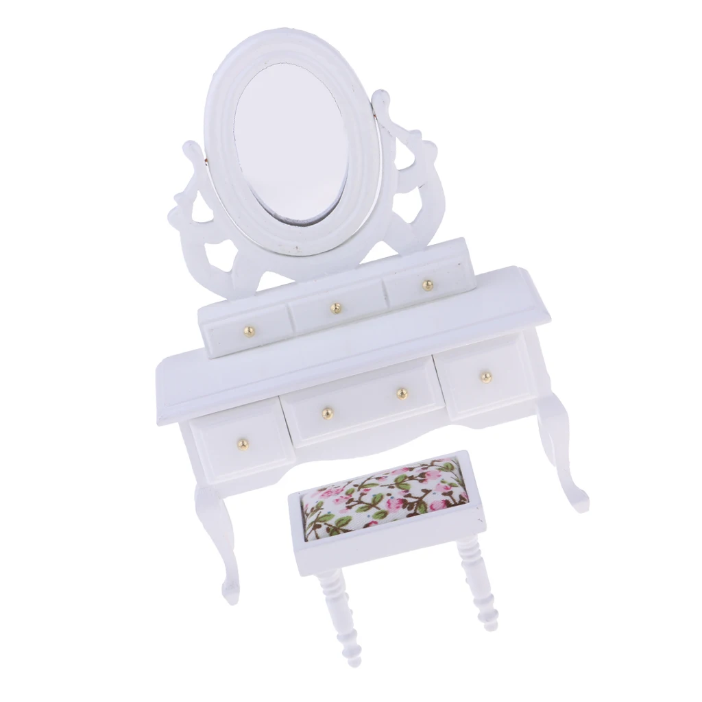 1/12 Dollhouse Bedroom Furniture Miniature Dressing Table And Stool White