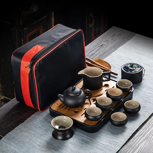 Chinese Style Ceramics Black Kung Fu Tea Set Suit One Teapot and Six Cups Carrying Case Travel Tea Set - Цвет: G