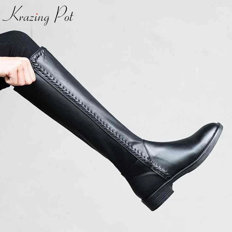 Price Krazing Pot genuine leather stretch long boots med heel sewing gladiator women keep warm preppy style over the knee boots L16