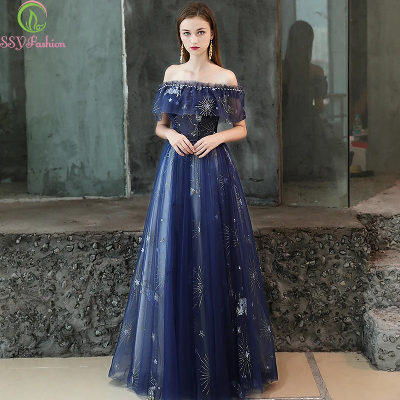 

SSYFashion New Blue Evening Dress Boat Neck Floor-length Sequins Star Pattern Simple Formal Gowns Custom Bride Party Dresses