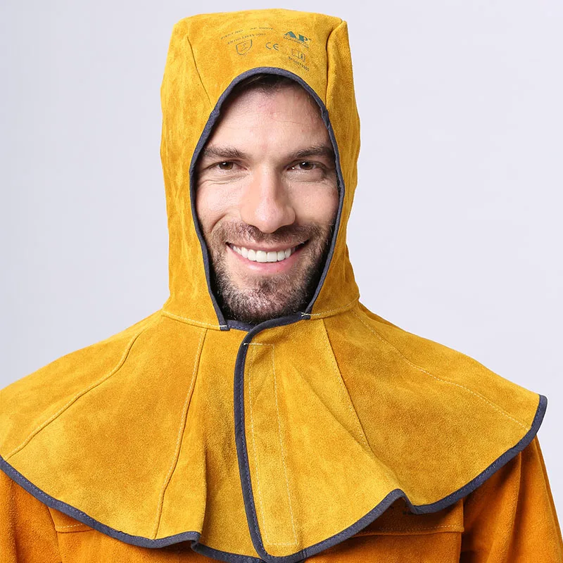 

Cow Leather Welding Cap Golden Cowhide Split Leather Welding Hood with 20cm neck shoulder drape AP-3000Y