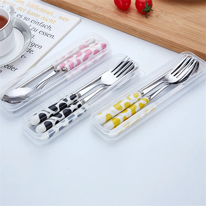 

3pcs/set Lovely Cow Design Ceramic Handle Stainless Steel Dinnerware and Storage Box Student Girl Boy Picnic Lunch Tableware