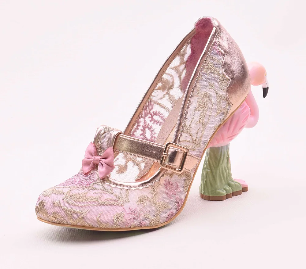 Новинка; модные женские туфли на каблуке, украшенные вышивкой Фламинго; сетчатые туфли с блестками и кружевом; туфли на высоком каблуке с фламинго