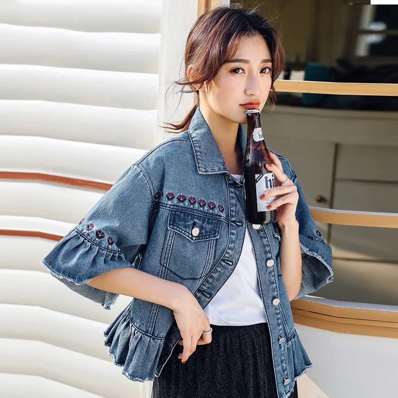 Fashion Three Quarter Flare Sleeve Denim Jacket Women Ruffle Hem Short ...