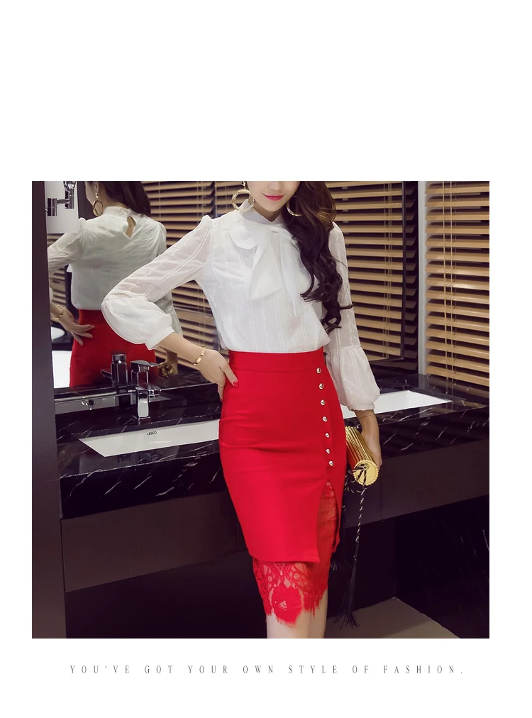 New Women Side Beading Lace Stitching Skirts Elegant High Waist Office Business OL Skirts Stretch Plus Size Midi Skirts Women