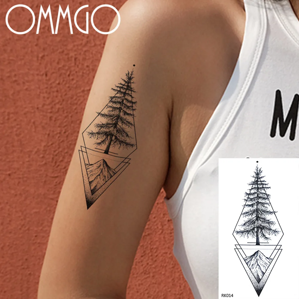 

OMMGO Geometric Mountain Pine Tree Temporary Wholesale Tattoos Sticker Black Diamond Triangle Custom Fake Tattoo Body Art Paper