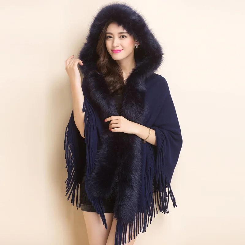 

Warm Faux Mink fur shawl hooded cloak wool scarf Knitted Bride Cashmere tassels Pashmina Wraps Imitation fox hair Wedding Poncho