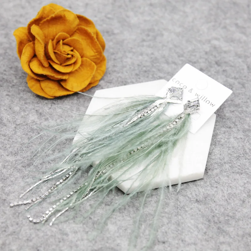 Coco&Willow stone and crystal chain feather long drop earrings, ostrich feather bohemian style fashion earring for women