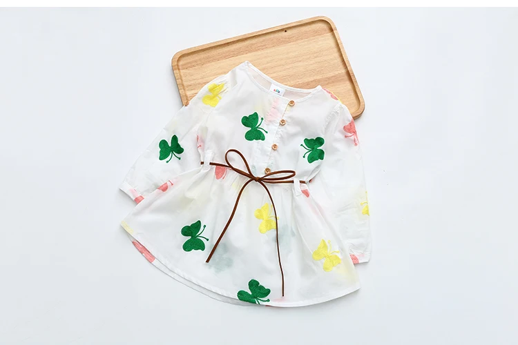 2018 Spring Autumn 3-12 Age Cute Kids Embroidery White Elegant Botton Double Use Short Sleeve Girl Long Sleeve Dress With Belt (5)