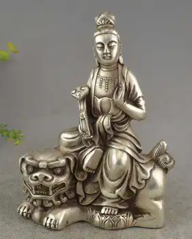 

Collectible Old Handwork Carving silver Buddhist Guanyin Riding Lion Statue
